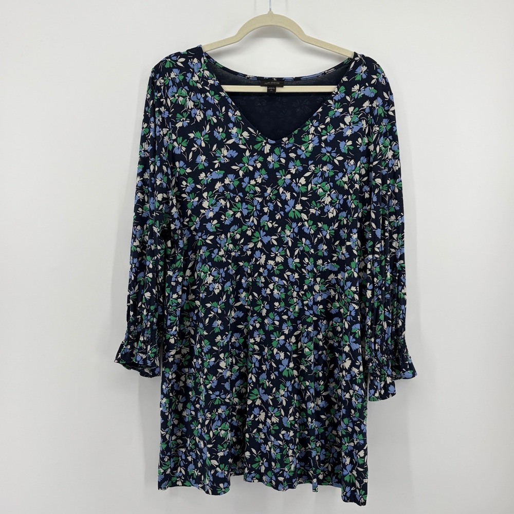 J. Jill Womens L Tall Navy Blue Floral Tunic V-Neck Ruffle Cuff Wearever‎ Top